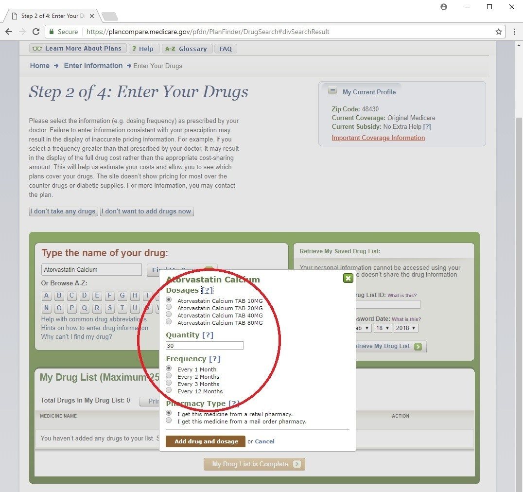 Medicare Plan Finder - enter drug details