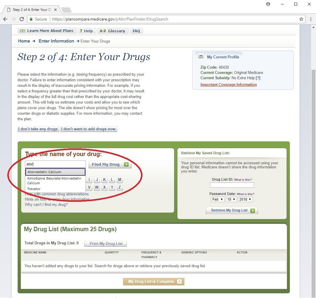 Medicare Plan Finder - enter drug